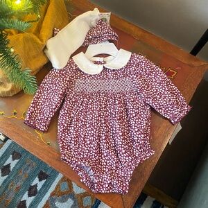 NWT Little Me smocked bubble romper with headband and socks 3M
